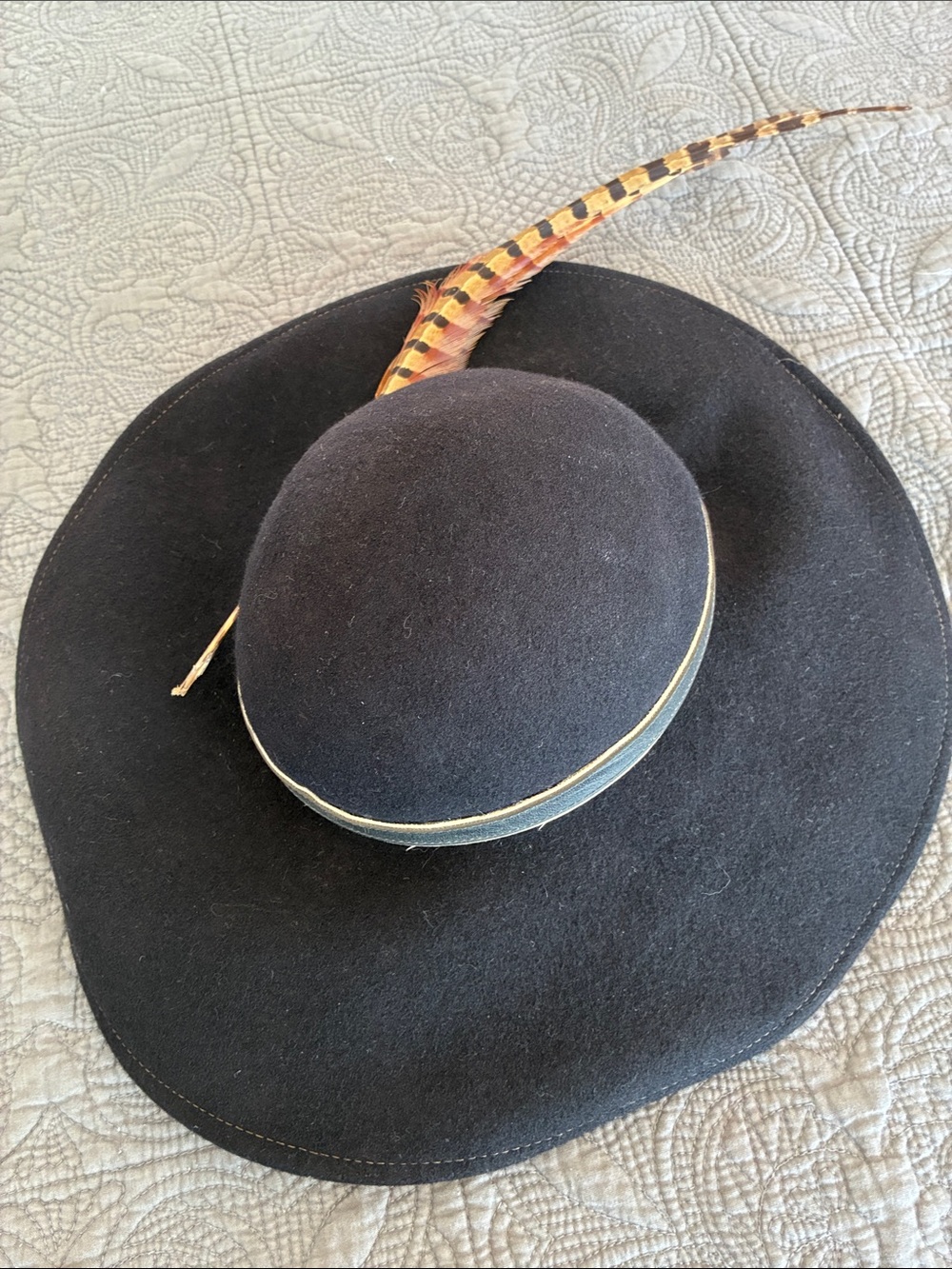 Black vintage Felt Wide-Brim Hat with pheasant Feather Accent